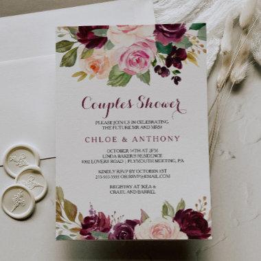 Green Blush Burgundy Floral Couples Shower Invitations