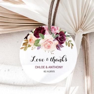 Green Blush Burgundy Floral Love & Thanks Wedding Classic Round Sticker