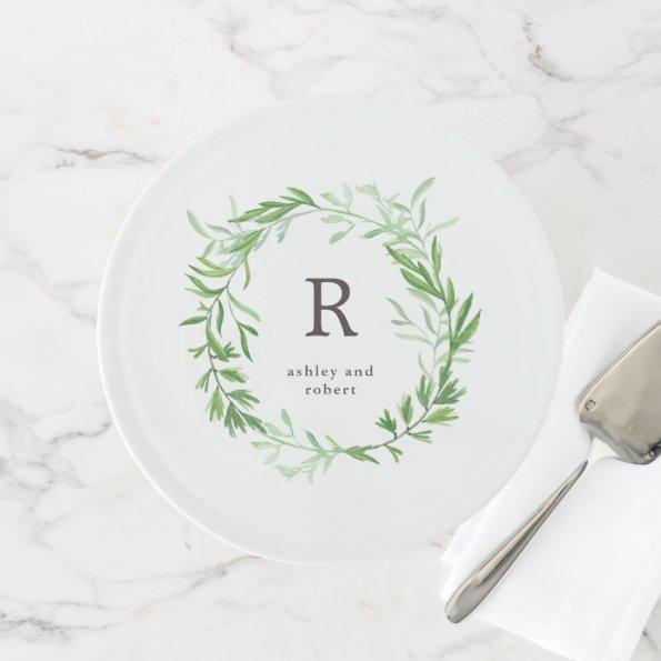 Green Botanical Leaves Wreath and Monogram Cake Stand