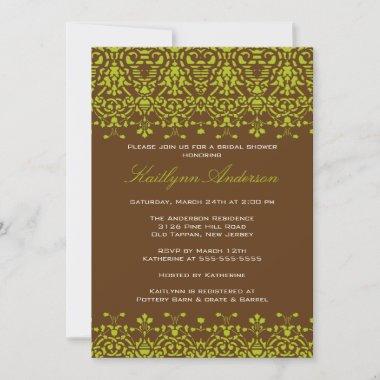 Green & Brown Damask Bridal Shower Invitations