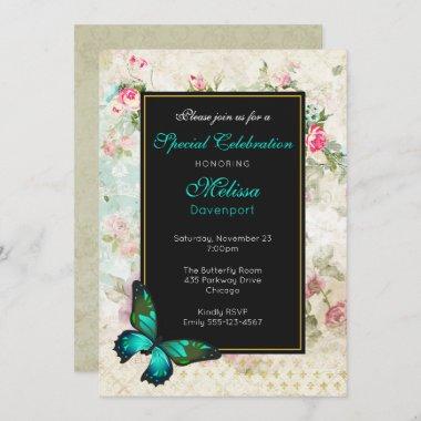Green Butterfly on Pink Roses Collage Event Invite