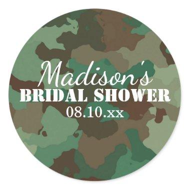 Green Camouflage Personalized Bridal Shower Classic Round Sticker