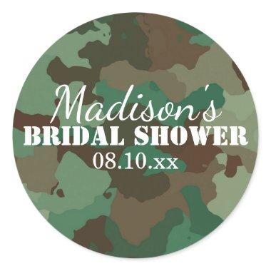 Green Camouflage Personalized Bridal Shower Classic Round Sticker