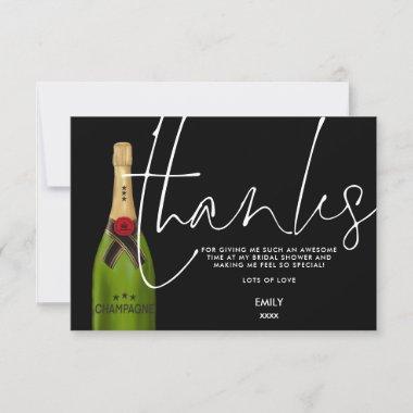 Green Champagne Bottle Script Black Bridal Shower Thank You Invitations