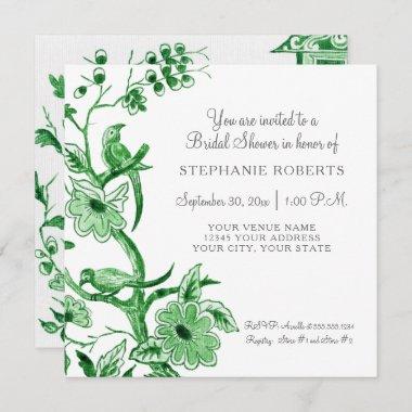Green Chinoiserie Floral Watercolor Bridal Shower Invitations