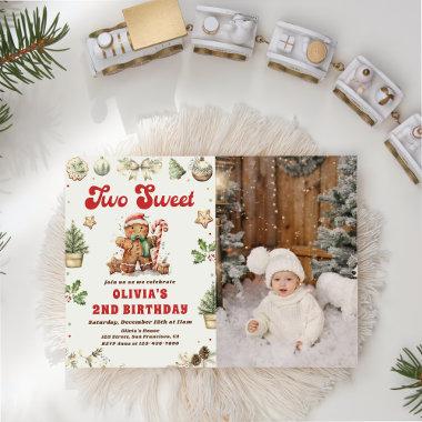 Green Christmas Cookie Two Sweet Birthday Photo Invitations