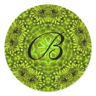 GREEN DAHLIA FLOWER PETALS MONOGRAM CLASSIC ROUND STICKER