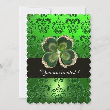 GREEN DAMASK,GOLD SHAMROCK JEWEL WITH WHITE PEARLS Invitations