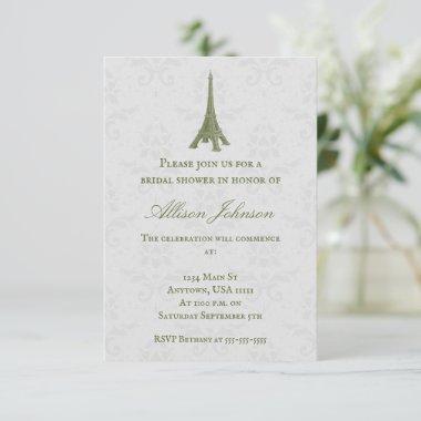 Green Eiffel Tower Damask Bridal Shower Invite