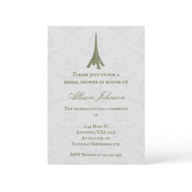 Green Eiffel Tower Damask Bridal Shower Invite