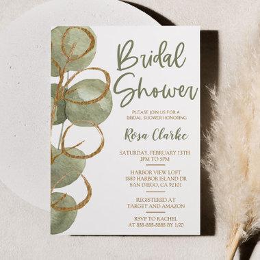Green Eucalyptus and Gold Foil Bridal Shower Invitations