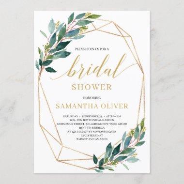 Green eucalyptus gold geometric frame bridal Invitations