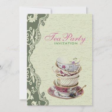 Green Floral Bridal Shower Tea Party Invitations