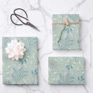 Green Floral Wrapping Paper Flat Sheet Set of 3