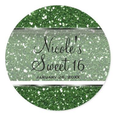 Green Glitter Glam Sweet 16 Custom Party Favor Classic Round Sticker