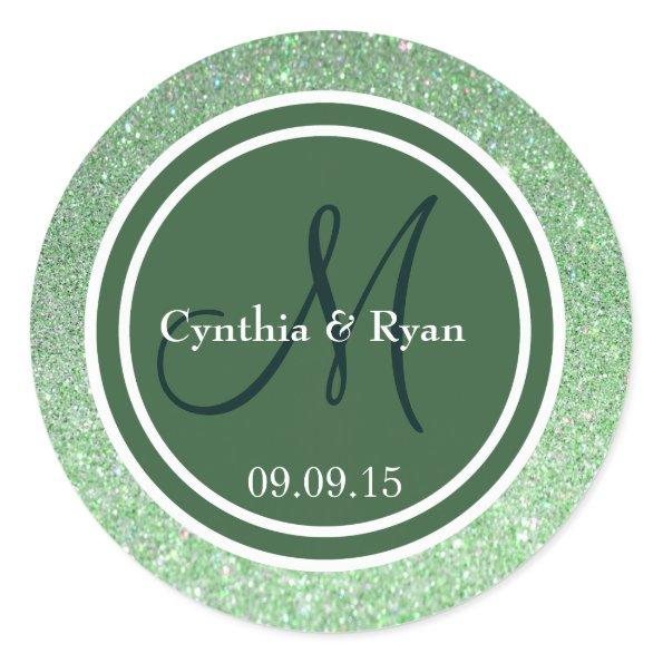 Green Glitter & Hunter Green Wedding Monogram Classic Round Sticker