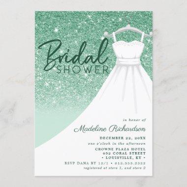 Green Glitter Wedding Dress Chic Bridal Shower Invitations