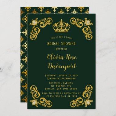 Green & Gold Royal Crown Damask Bridal Shower Invitations