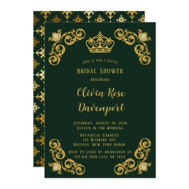 Green & Gold Royal Crown Damask Bridal Shower Invitations