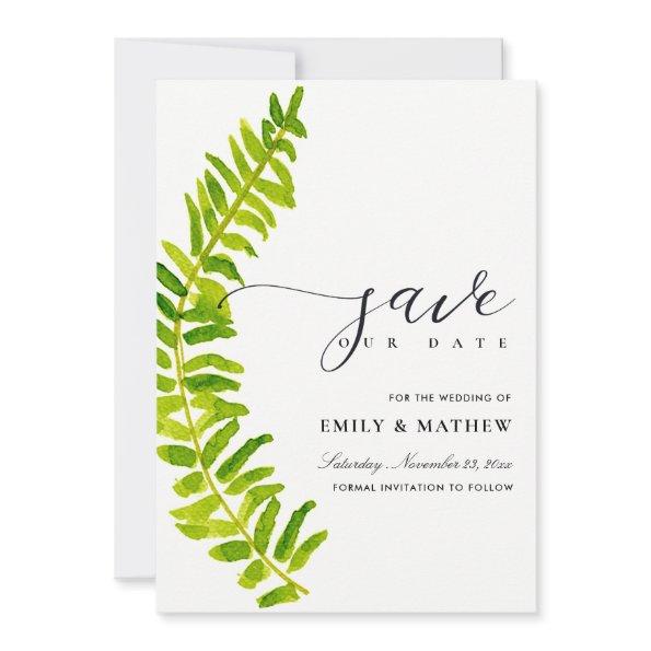 GREEN GOLD WATERCOLOUR FERN FOLIAGE SAVE THE DATE