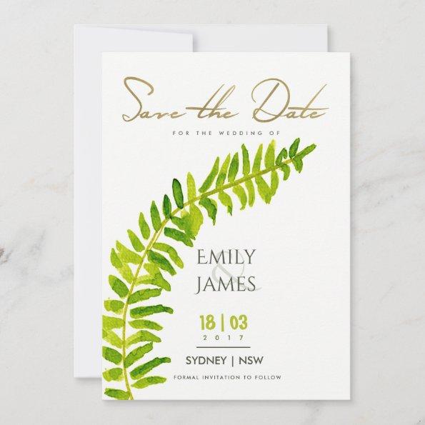 GREEN GOLD WATERCOLOUR FERN FOLIAGE SAVE THE DATE