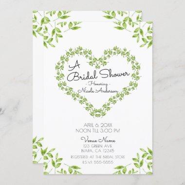 Green Heart Leaves Shabby Chic Bridal Shower Invitations