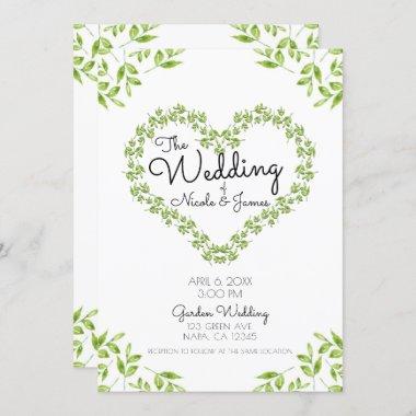 Green Heart Leaves Shabby Chic Greenery Wedding Invitations