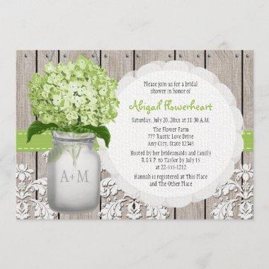 Green Hydrangea Monogram Mason Jar Bridal Shower Invitations