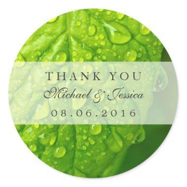 Green Leaf and Water Droplets Thank You Sticker