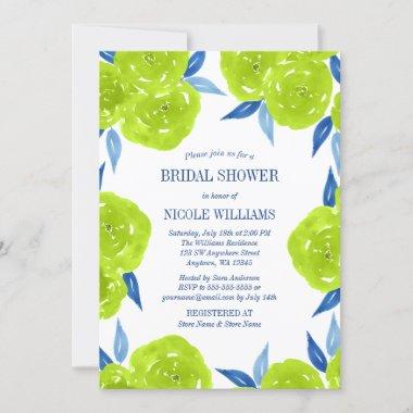 Green Navy Blue Watercolor Flowers Bridal Shower Invitations