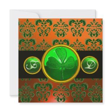 GREEN ORANGE DAMASK ,SHAMROCK MONOGRAM black Invitations