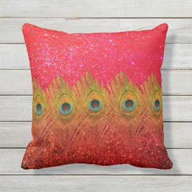 Green Peacock Feathers Glittery Red Colorful Cute Outdoor Pillow