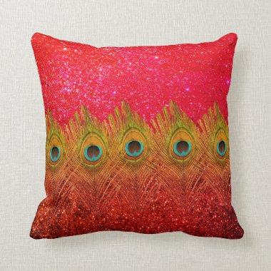 Green Peacock Feathers Glittery Red Colorful Cute Throw Pillow