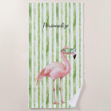 Green Pink Flamingo  Beach Towel