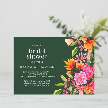 Green Pink Orange Watercolor Floral Bridal Shower Invitations