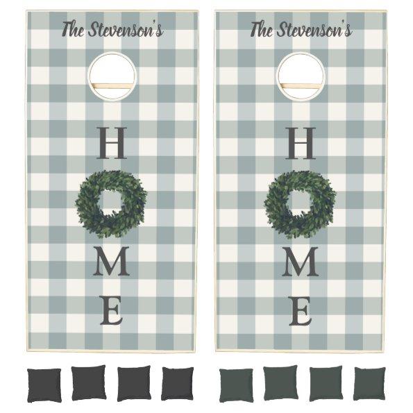 Green Plaid Typography Name HOME Personalized Cornhole Set