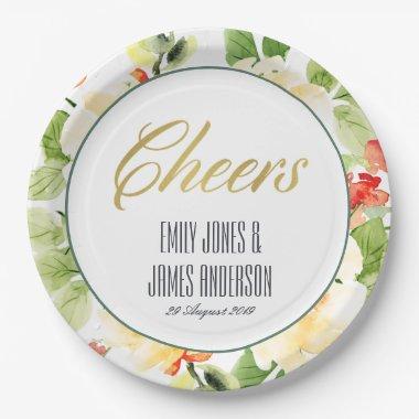 GREEN RED WATERCOLOR FLORAL GOLD CHEERS WEDDING PAPER PLATES