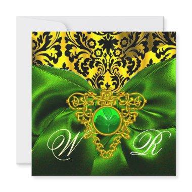 GREEN RIBBON GOLD CELTIC HEART DAMASK MONOGRAM Invitations