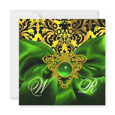 GREEN RIBBON GOLD CELTIC HEART DAMASK MONOGRAM Invitations