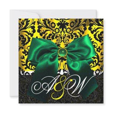 GREEN RIBBON GOLD YELLOW BLACK DAMASK MONOGRAM Invitations