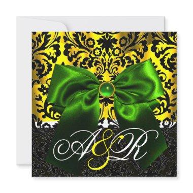 GREEN RIBBON GOLD YELLOW BLACK DAMASK MONOGRAM Invitations