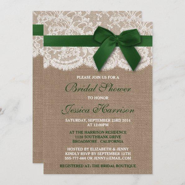 Green Ribbon On Burlap & Lace Bridal Shower Invitations