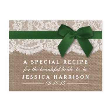 Green Ribbon On Burlap & Lace Bridal Shower Recipe Invitation PostInvitations