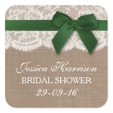 Green Ribbon On Burlap & Lace Bridal Shower Square Sticker