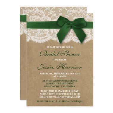 Green Ribbon On Kraft & Lace Bridal Shower Invitations