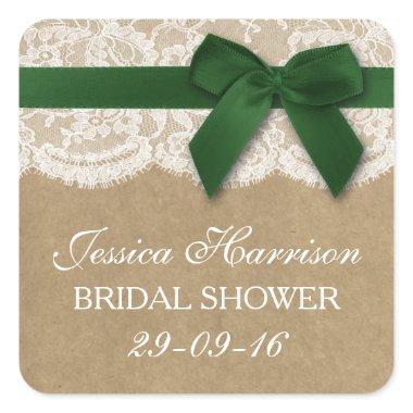 Green Ribbon On Kraft & Lace  Square Sticker