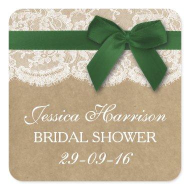 Green Ribbon On Kraft & Lace Bridal Shower Square Sticker