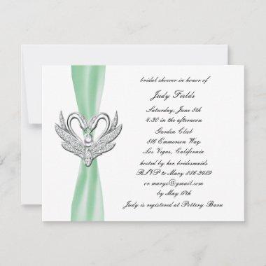 Green Ribbon Silver Swans Bridal Shower Invitations