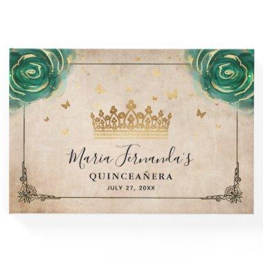 Green Rose Gold Crown Black Elegant Guest Book
