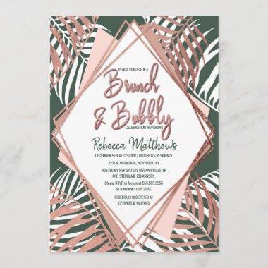 Green Rose Gold Tropical Palm Tree Brunch Bubbly Invitations